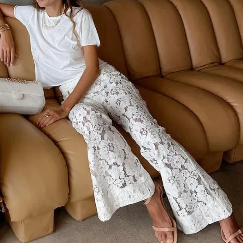 Women Sheer Lace Wide Leg Pants Y2k Floral Party Club High Waist Long Trousers Female Flare Pants Street Wear White Yuqung 240819