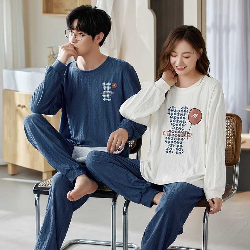 Autumn couple pajamas set cartoon mens pajamas casual cotton plus size long sleeved womens pajamas unprinted good quality slippers W241221