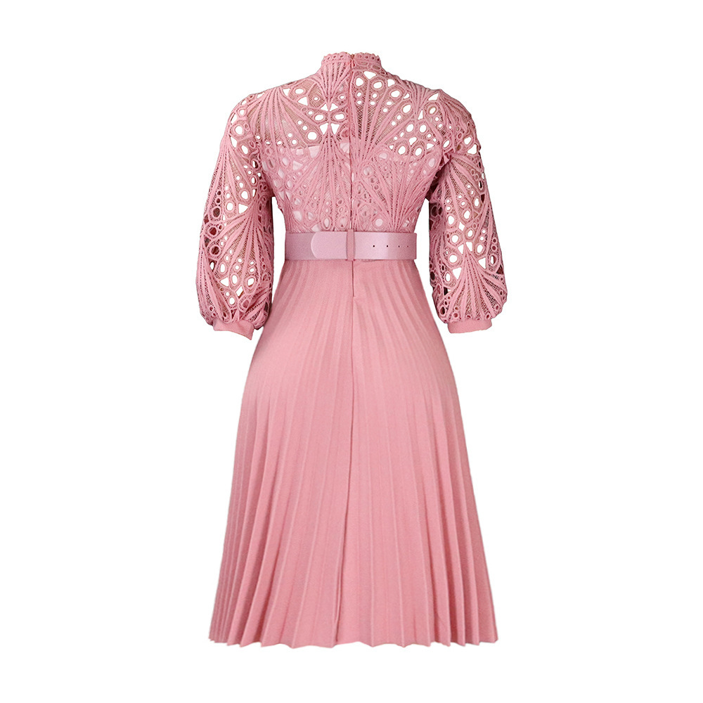 Elegant Women's Lace Flower Pleated Skirt - European & American Style Dress with Hook Closure