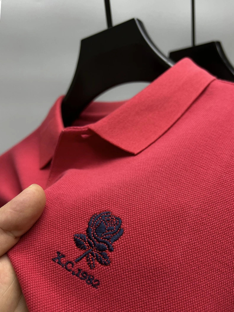High end 100% cotton mens long sleeved polo shirt Fashion and exquisite rose embroidery Business casual monochrome autumn top 240820