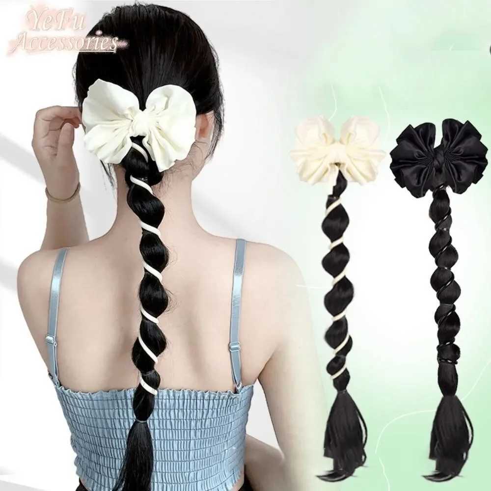 Womens synthetic wig clip fashionable bow tie phone line fake ponytail wig womens twisted braided bubble tied hair extension W240817