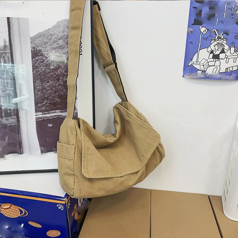 Retro casual washed canvas crossbody bag with universal zipper for men and women large capacity single shoulder messenger bag 240819