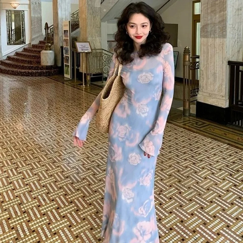 2pecs Long Sleeve Dresses Women Slim Ankle-length Vintage Rose Spring Autumn Basic Streetwear Sexy Graceful Female Hip Wrap 240819