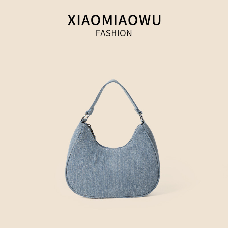Half round premium denim bag for women commuting to work in summer, versatile handbag with temperament
