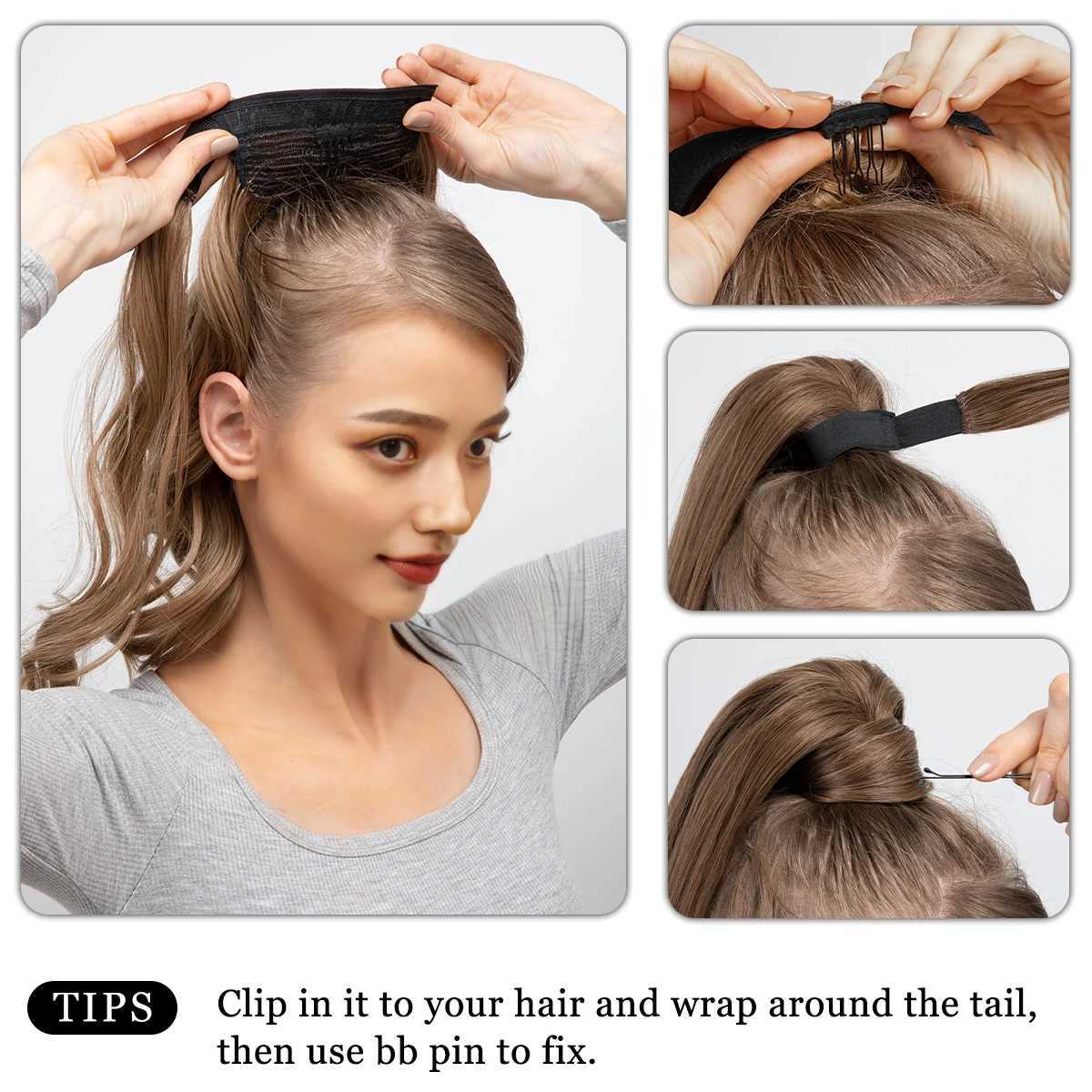 Synthetic long wavy ponytail with Dali hair extended and curled clipped onto a fake wig wrapped in black around the braid smooth fake tail W240817