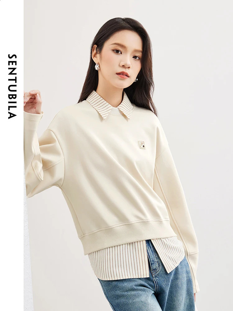 SENTUBILA Almond Simple Round Neck Sweatshirt for Women Spring Straight Casual Zipper Womens Long Sleeve Top 141A52744 240814