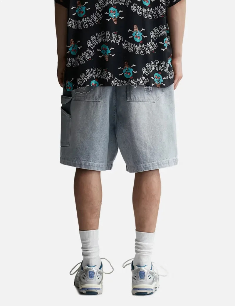 Y2K Fashion Blue Washed Pattern Printed Pocket Denim Shorts Mens Harajuku Retro Casual Gothic High Waist Wide Leg 240819