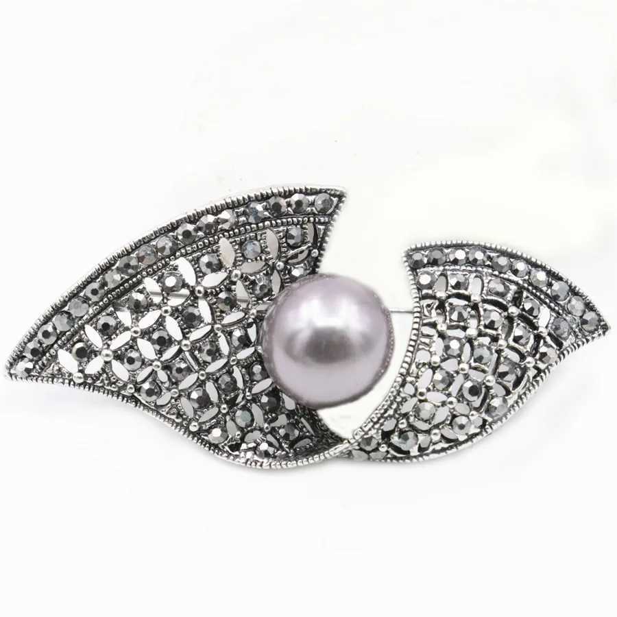 Black rhinestone brooch pearl flower rose leaf moon brooch elegant alloy brooch wedding glass bead crystal W240815