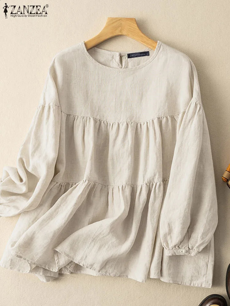 ZANZEA autumn retro long sleeved womens casual cotton shirt Oneck solid blue fashionable button cuffs Chemise 240819