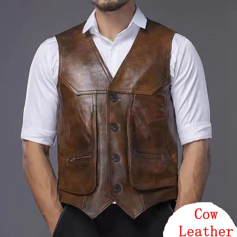 Large leather motorcycle vest suitable for men genuine denim leather waist jacket bicycle vest size L-8XL sleeveless jacket 240819