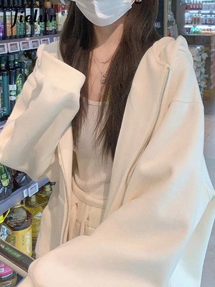 Jielur Loose O-neck Hooded Womens Sweatshirts Zip-up Simple Solid Color Sweet American Female Hoodies White Casual Sweatshirt 240819