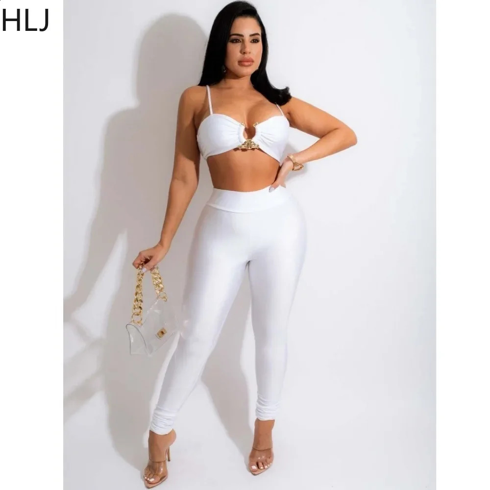 HLJ Sexy Solid Skinny Pants Two Piece Sets Women Thin Strap Sleeveless Bra Pants Outfits Fashion Lady Matching Nightclub Suits 240813