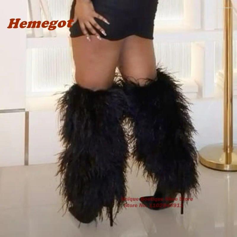 Boots Black Furry Knee-Length Pointed Toe Stiletto Heels Women's Long Winter 2024 Est Casual Runway Shoes Warm Luxury