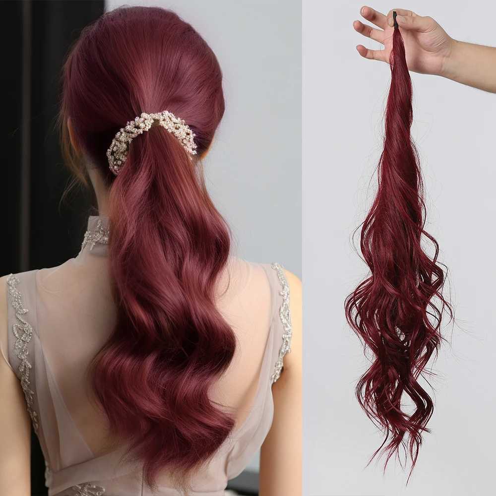 Wine red long wave synthetic ponytail flexible wrapping around hair extends womens daily fake hair party Lolita wig heat-resistant W240817
