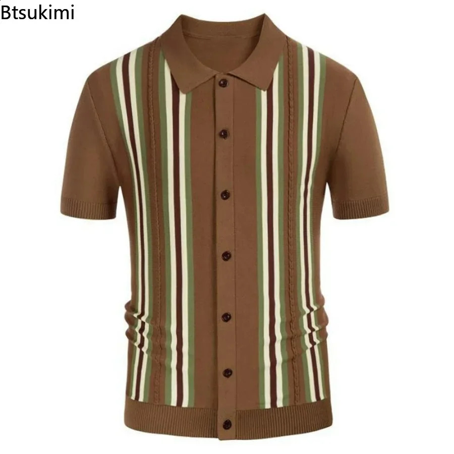 Spring Summer Mens Short Sleeve Polo Shirt Knitted Slim Business Cardigan Shirt Streetwear Casual Tops Camisa Masculina 240820