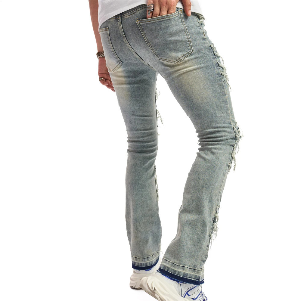 Vintage Street Men Stacked Spliced Straight Biker Jeans Pants Good Quality Male Slim Casual Denim Trousers 240819