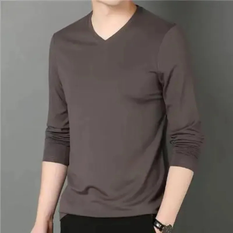 Spring Autumn Men Basic Long Sleeve T-Shirts Streetwear Fashion Slim V-Neck Versatile Male Clothes Casual Bottoming Tops 240820