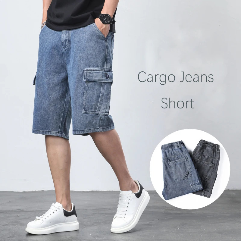 Mens denim shorts large pockets casual fashion wide Bermuda jeans mens beach pants 240819