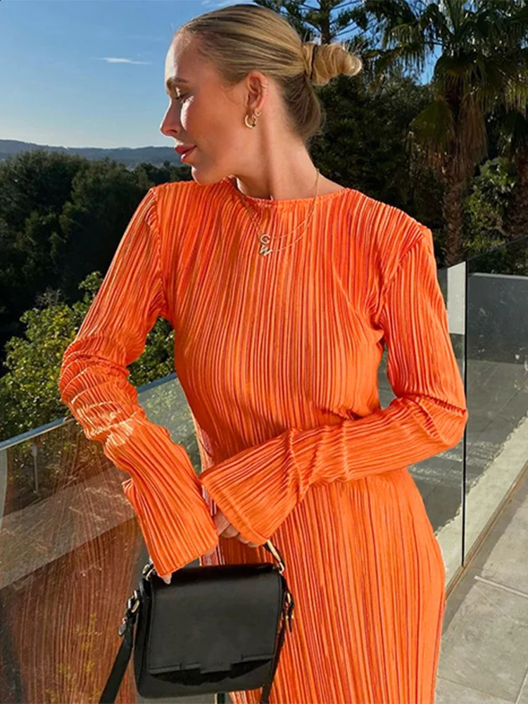 Hawthaw Women Fashion Long Sleeve Streetwear Bodycon Orange Midi Dress Autumn Clothes Wholesale Items For Business 240819