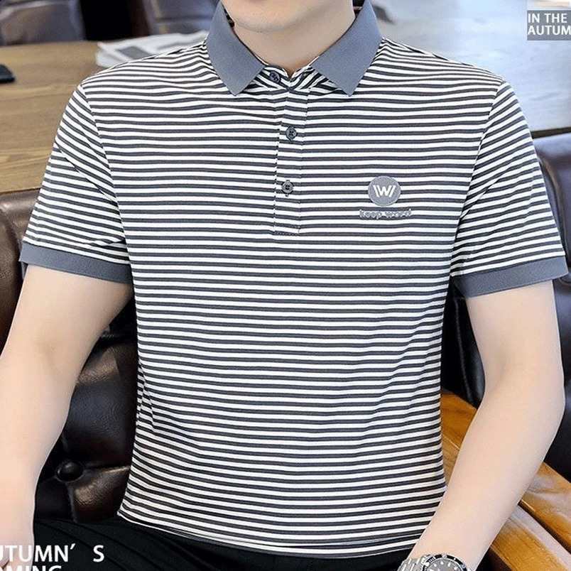 Summer Middle-aged Mens Clothing Slim Short Sleeve Oversized Striped Contrasting Colors Printed Fashion Lapel POLO Shirt 240820