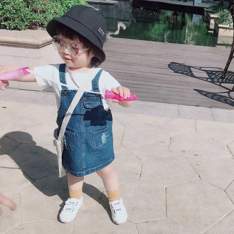 Girls fashionable straight denim dress with pockets summer baby and childrens jumpsuit for girls W240806