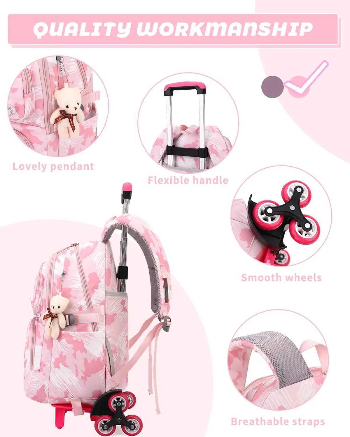 School Trolley Backpack Lightweight Wheeled Backpacks for Girls Kids Elementary School Backpack on Casters 16 Inch Y240820