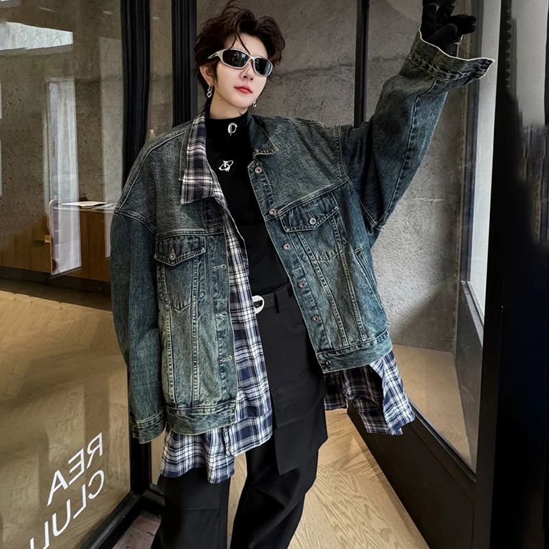 LUZHEN Spring Fashion Grid Loose Shirt Splicing n Cowboy Jacket Mens Street Trend Two LZ3072 240809