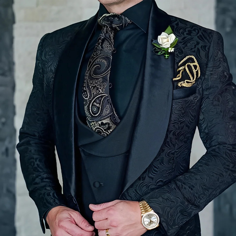 Jacquard Mens 3-piece Suit Set Formal Party Dress Grooms Tuxedo High Quality Elegant Mens Customized Outfit 240819