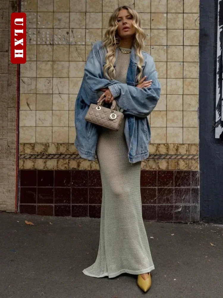 ULXH Sexy Elegant Long Sleeve Knit Beach Dress Streetwear Slim Fit Solid Backless Maxi Dress Summe Long Sleeve A Line Dress 240819
