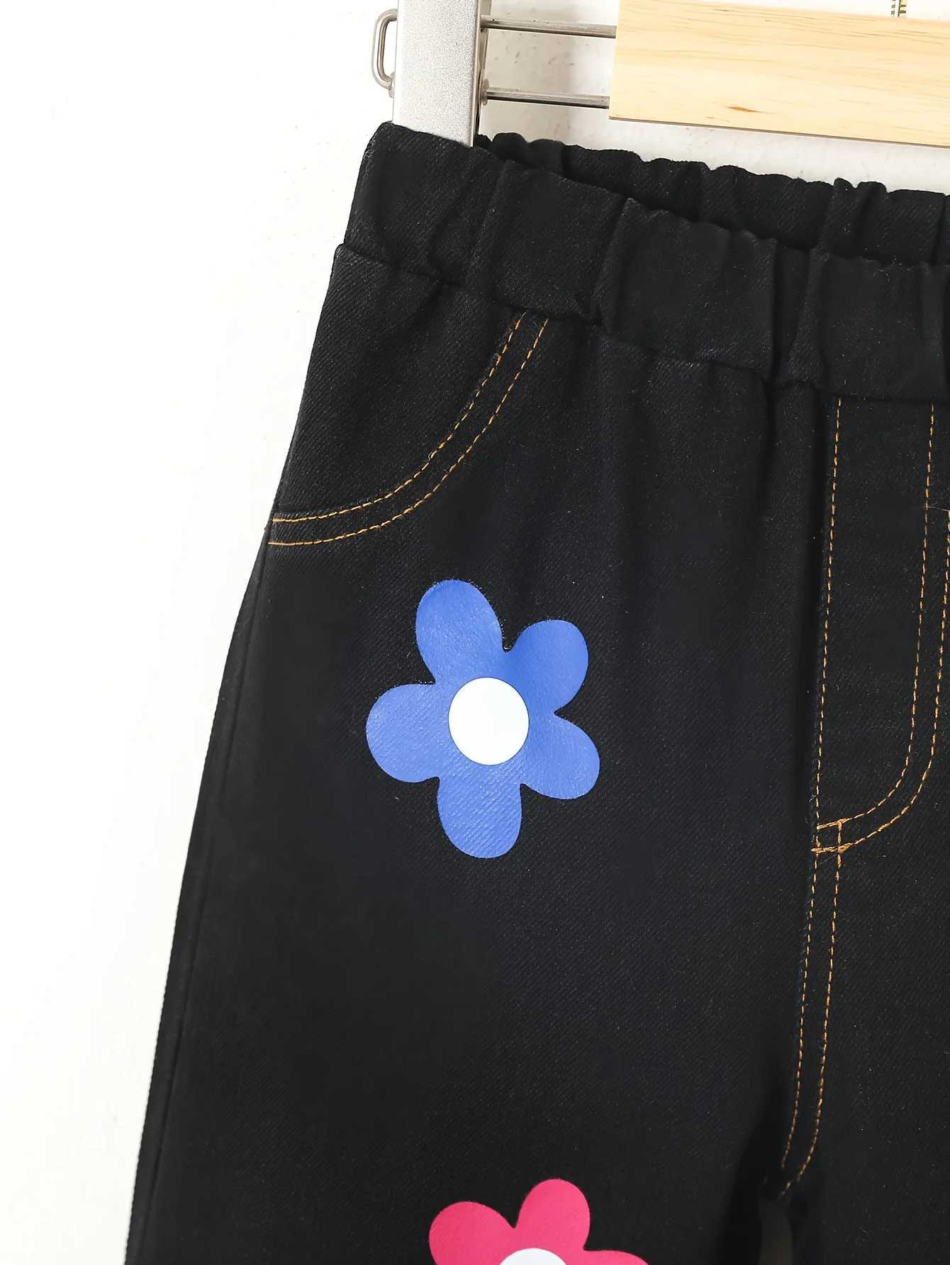 New Autumn Girl Cute Casual Fashion Printed Pants Outdoor Retro Trend Loose Black Jeans Elastic Waist Straight PantsW240819