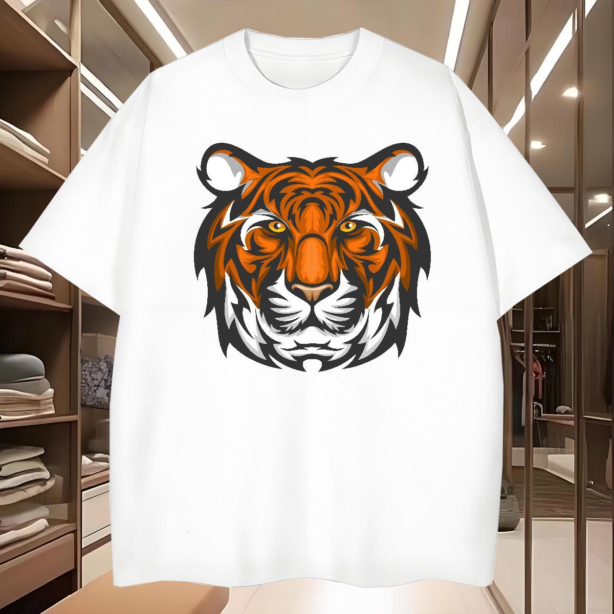 Fashion Men Tshirts tiger Sports Casual 100% Cotton 230g Tees Shirts Breathable Crew Neck Classic T-Shirts Cartoon Printing L-4XL