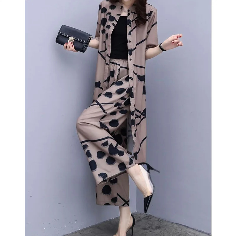 Vintage Fashion Female Single-breasted Cardigan Top Half Sleeve Printed Two Piece Set Casual Wide Leg Pants Sets Womens Clothing 240819