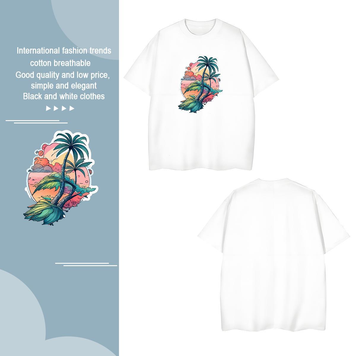 Loose beach 230g 100% Cotton Men Tops Tees Street Crew Neck T Shirt For Man 2024 Designer Cartoon Printing L-4XL Tops Shirt
