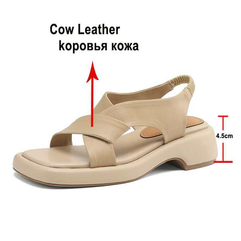 Meotina Women Genuine Leather Sandals Square Toe Platform Block Mid Heels Ladies Fashion Casual Shoes Summer Green Apricot 40 CL240806
