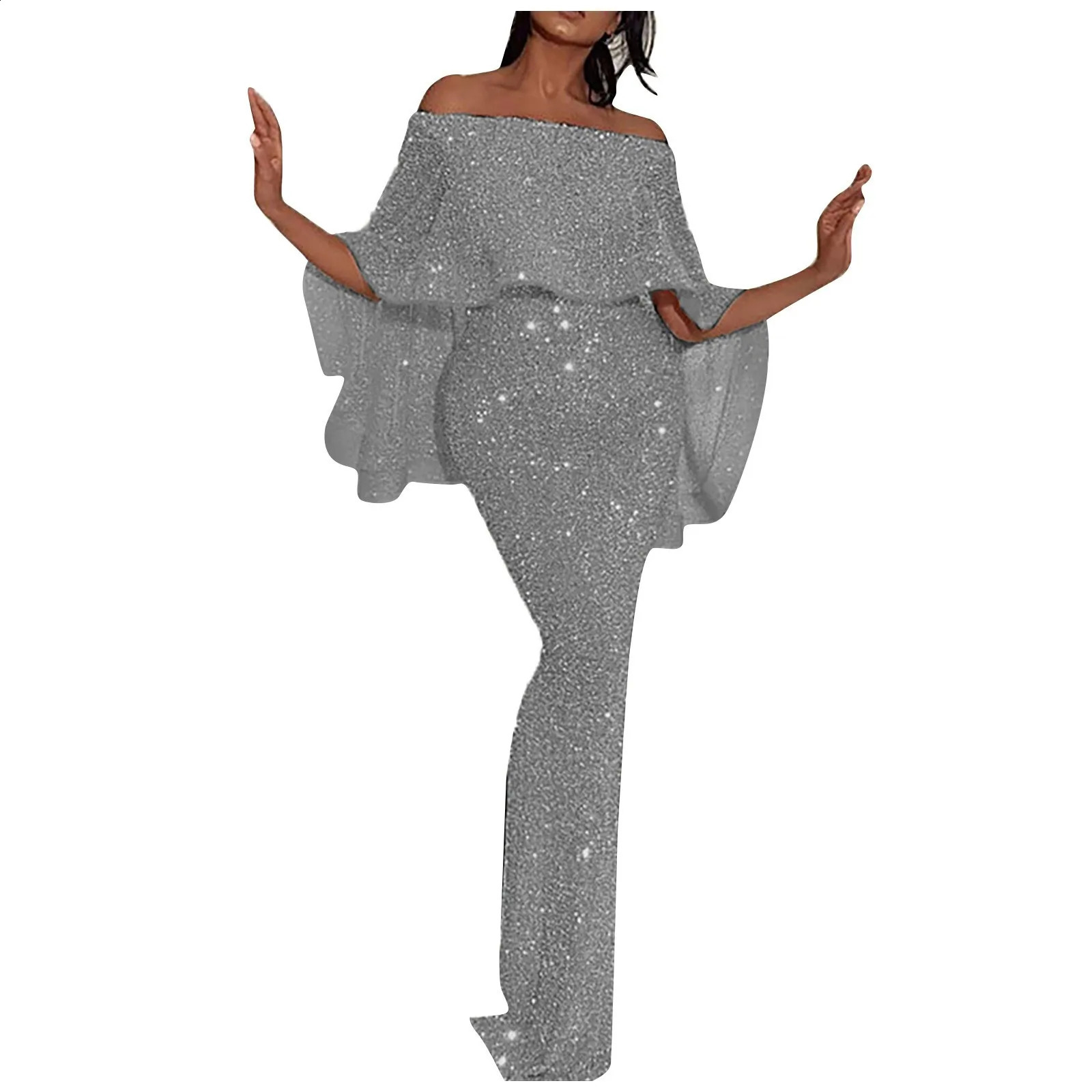 Womens Fashion Sexy Solid Color Off Shoulder Slim Fit Sequin Wrap Hip Split Party Dress 240819