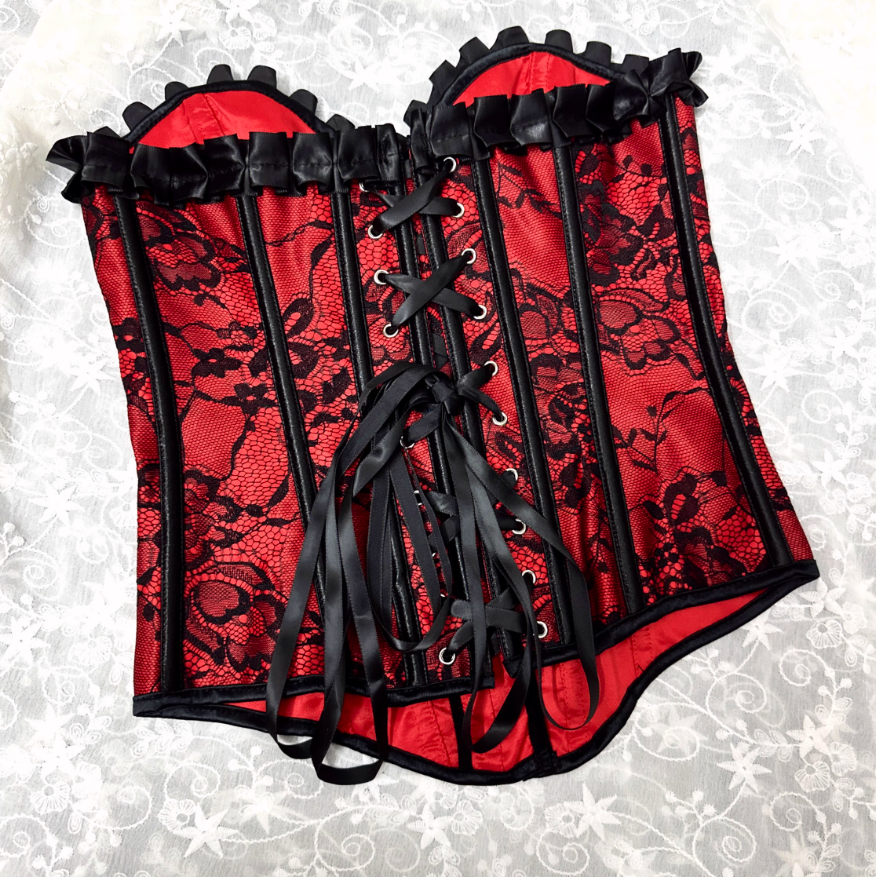 Stylish Contrast Black Lace Overbust Corset for Women Featuring a Feminine Ruffle Edge Burlesque Dancing Outfit Corselet XS-3XL