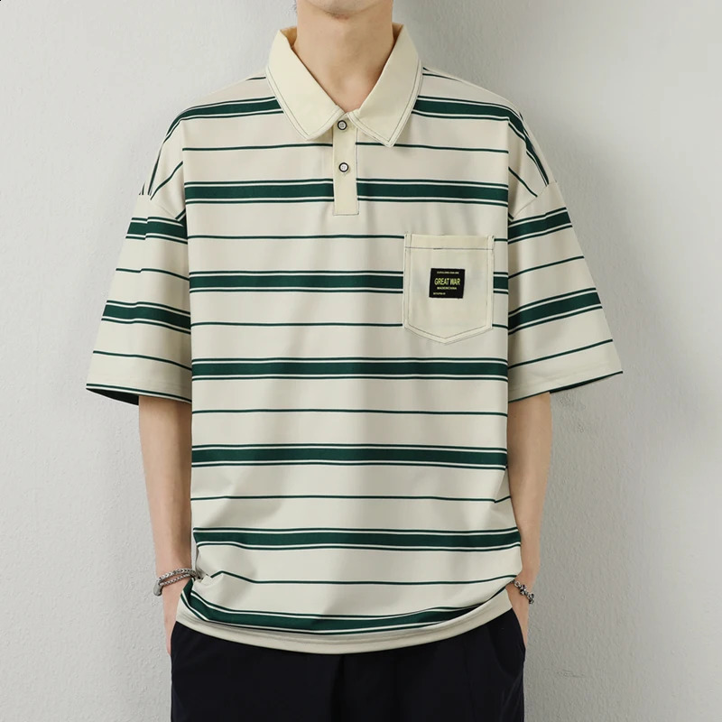 Young Style Loose Striped Polo Shirts Summer Casual Half Sleeve Mens Clothing Fashion Turn-down Collar Korean Pockets T-shirts 240820