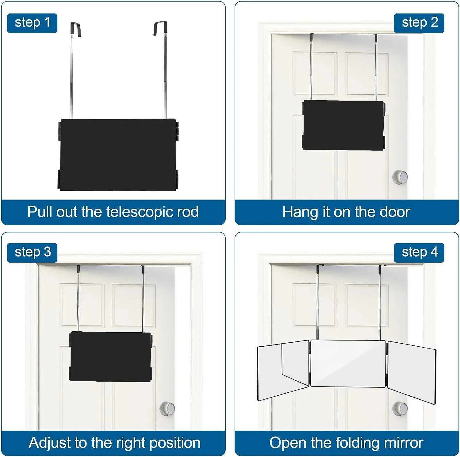 Black Portable 360 Trifold Mirror with Height Adjustable Telescoping Hooks Ideal for Self Hair Cutting Makeup Essential Fordable Y240819