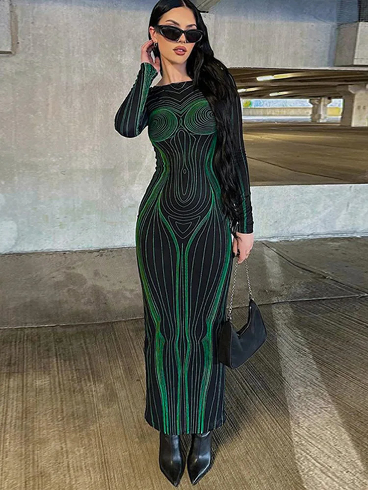 AHAgaga Sexy Midnight Clubwear Print Maxi Dress Elegant Party Women Spring Long Sleeve Dresses Female Tight Robes Vestidos 240819