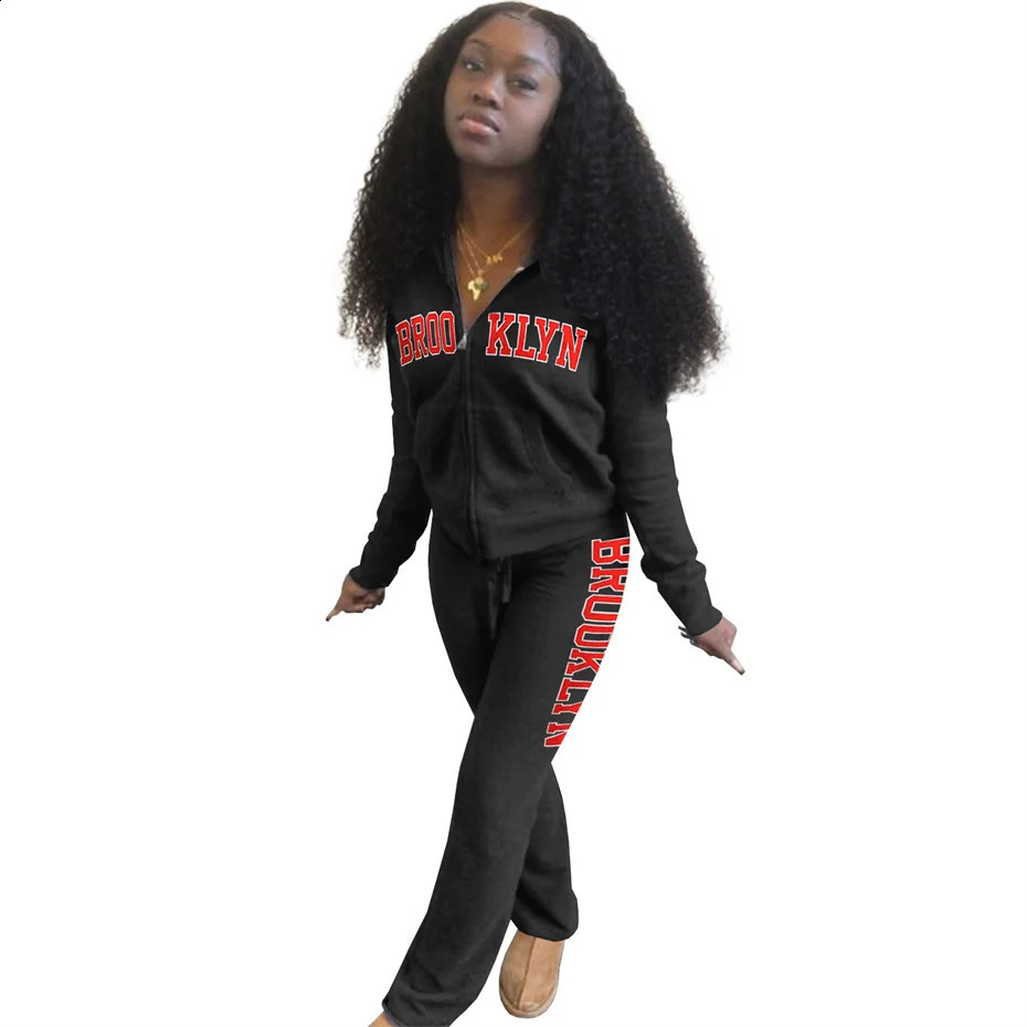 Winter Clothing Womens Letter Printing Thick Two Piece Zipper Hoodie and Flash Pants S1605 240819