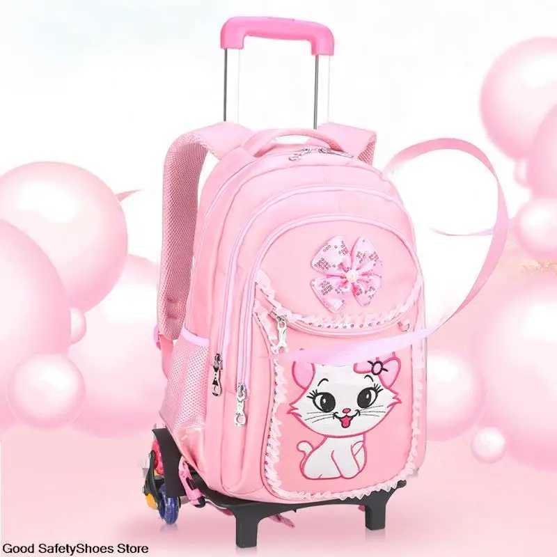 Girls Pink School Backpack With Wheels Children School Bag for Girls Primary School Student Rolling Backpack Kids Trolley bags Y240820