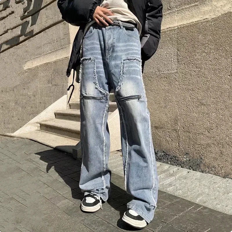 Ropa Grunge Y2K Streetwear Zipper Stacked Baggy Jeans Cargo Pants Men Clothing Straight Loose Denim Trousers Pantalon Homme 240819