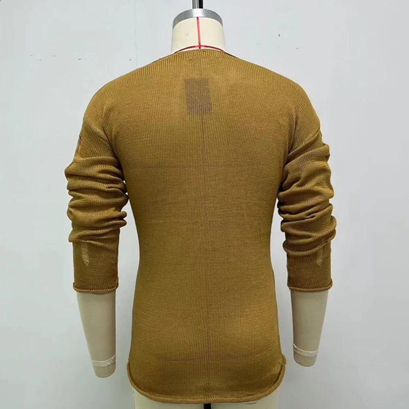 Mens casual top for spring and summer fashion solid knit long sleeved torn sweater mens Tshirt holiday streetwear chic shirt 240819