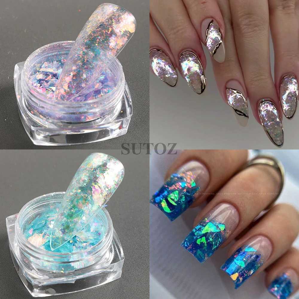 2 Boxes Shiny Mermaid Opal Powder Chunky Nail Glitter Iridescent Pink Purple Chameleon Pigment Yuki Flakes Manicure PaillettesXJ240815