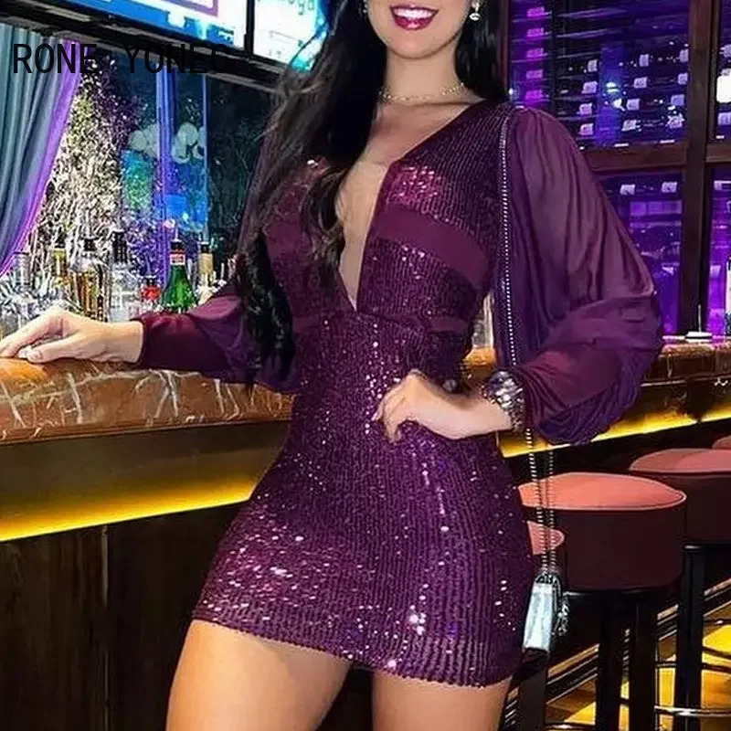 Women Chic Solid Sequins Sexy Deep V Neck Long Lantern Sleeves Patchwork Mini Bodycon Party Dresses 240819