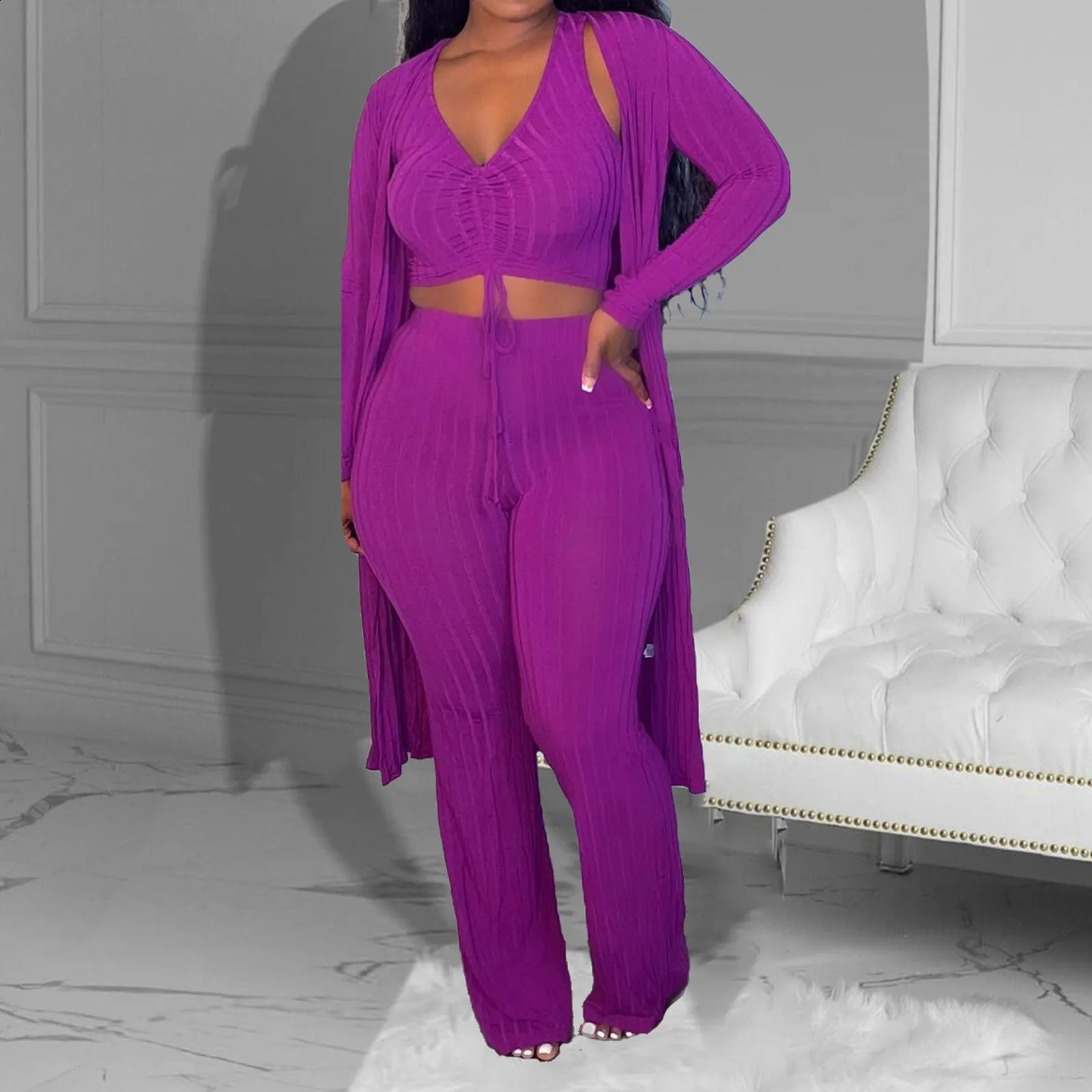 Spring Autumn Fashion Casual 3 Piece Suit Set V Neck VestMid-Length CardiganHigh Waist Trousers HIgh Quality Elastic Tracksuit 240819