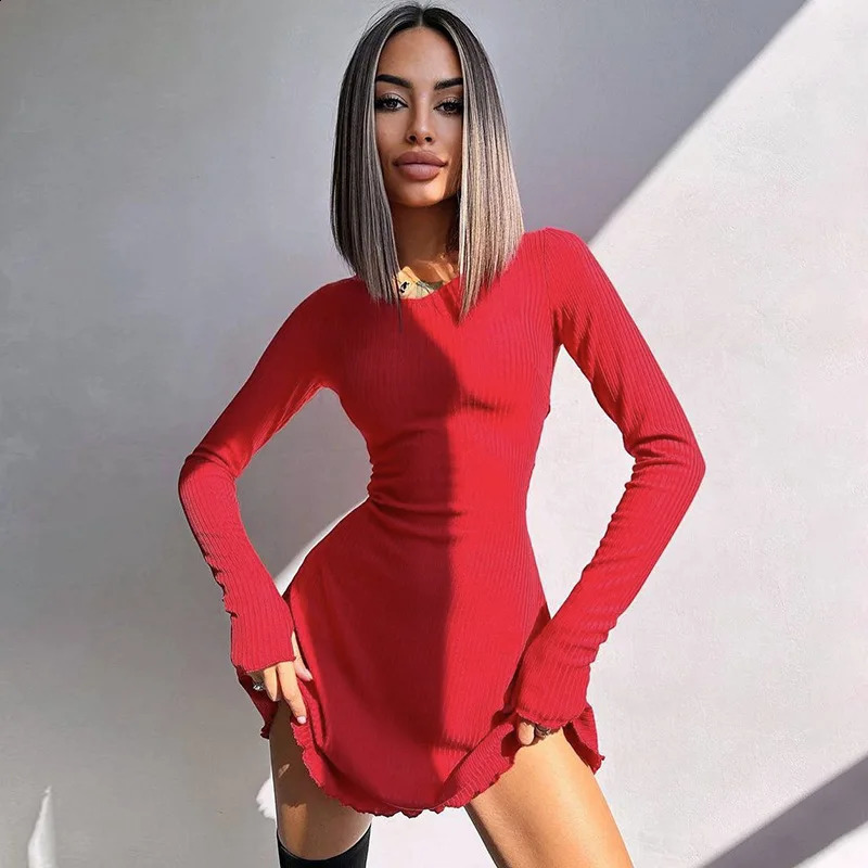 Cryptographic Solid Knitted Mini Dress for Women Elegant Outfits Fall Long Sleeve Bandage A-Line Vestido Plunge Dresses Clothes 240819