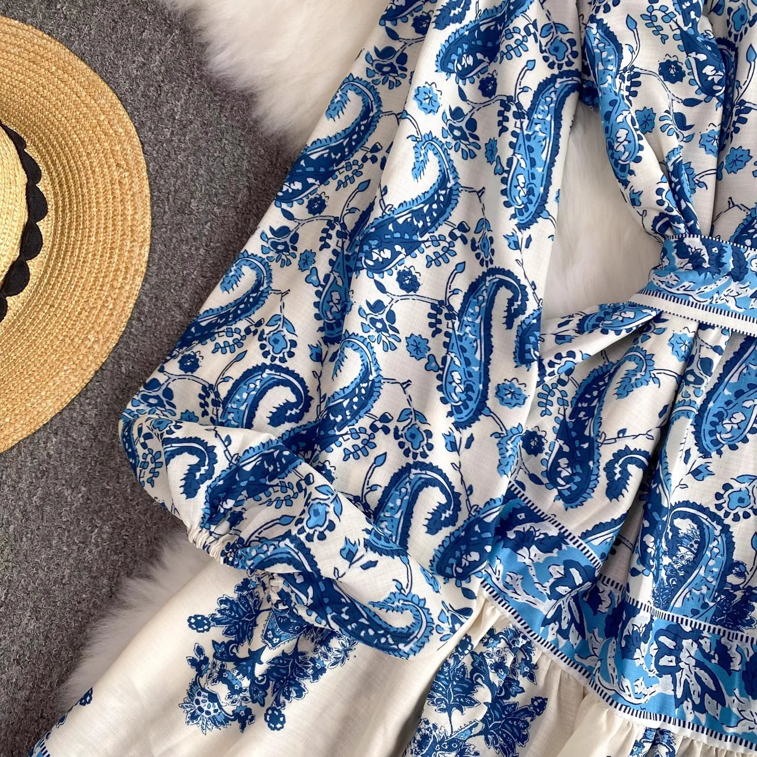 Spring Summer Vintage Paisley Short Dress Women Stand Collar Long Lantern Sleeve Single Breasted Sashes Loose Mini Vestidos 2506 240819