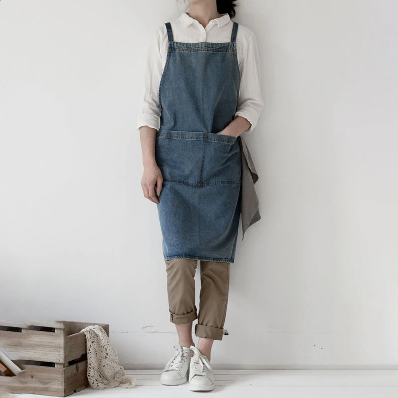 Denim Apron Cotton Korean Canvas Antifouling Home Cleaning Kitchen Cooking Work Clothes Barber Apron Leisure Gardening Baking 240819