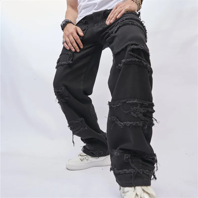 European And Emerican Black Men Jeans Slim Y2K Streetwear Wide Leg Straight Hip Hop Punk Style Stacked Trousers 240819